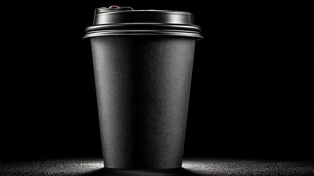 Black matte coffee cup with black lid isolated on pure black background, dramatic rim and backlighting highlighting subtle texture and high detail, minimalistic and professional product concept