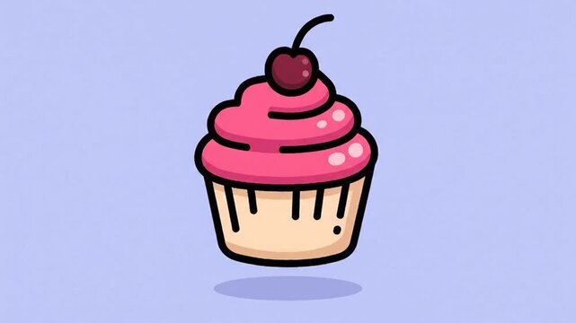 Cartoon Cupcake with Pink Frosting and Cherry.