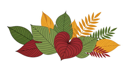 Obraz premium An ornamental cluster of tropical leaves in vibrant autumnal hues, ideal for design accents