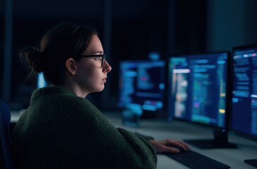 Fototapeta premium Female developer coding, analyzing data, and managing software projects in a dark office environment at night