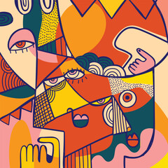 Abstract face portrait cubism art style, decorative, doodle, line art hand drawn vector illustration. Artistic wall art, prints, poster and wall decoration.