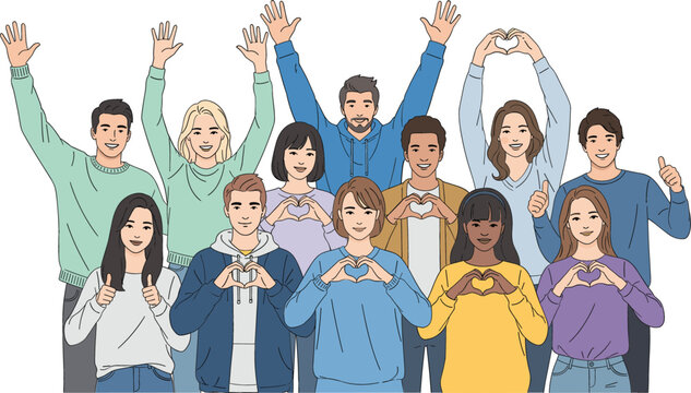 Large group of diverse happy young men and women waving hands making heart gestures with fingers and showing thumbs up isolated on white background vector illustration.