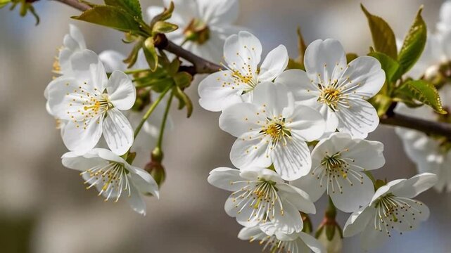 Close-up of delicate white cherry blossoms in full bloom with soft natural lighting.