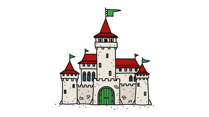 Obraz premium A cartoon illustration of a medieval castle with red roofs and green flags