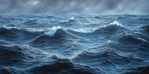 Stormy open ocean with churning dark blue waves and whitecaps beneath a heavy cloudy sky, dramatic, restless and powerful atmosphere