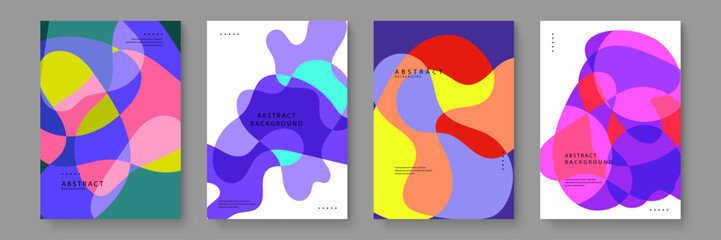 Set of four modern abstract posters featuring fluid organic shapes in vibrant colors with creative typography for contemporary wall art and branding © Badr Warrior