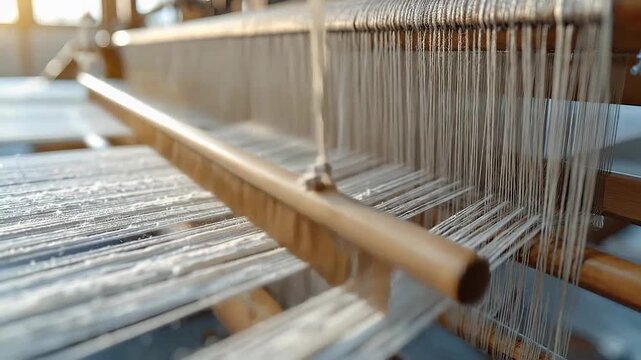Close-up of a traditional weaving loom with threads, creating textile fabric.