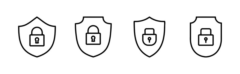 Shield with padlock icons symbolizing security and protection. Collection of four different shield and lock emblems for data safety and privacy concept illustrations
