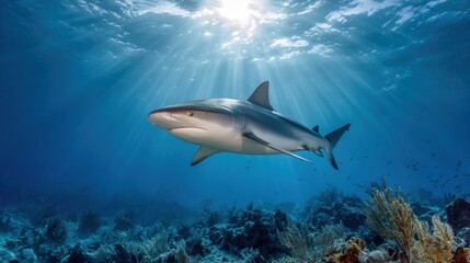 Fototapeta premium Caribbean Reef Shark Swims Gracefully in Blue Water Under Sun Rays During Midday Dive