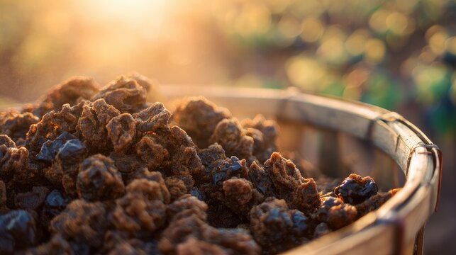 pomace. Pile of pressed grape pomace in a wooden basket in soft sunlight. menu design, packaging mockups, designed for food delivery and cloud-kitchen brand materials, used by software engineers.