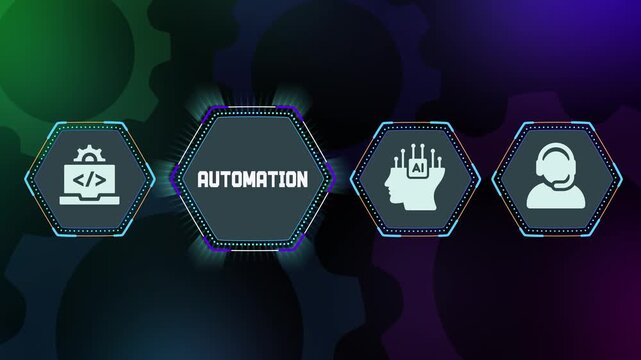 Automation technology concept with futuristic hexagon interface, AI controlled digital system, smart process optimization and innovation.