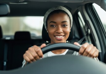 Obraz premium Smiling young woman driving a car with a beaming smile on her face isolated on transparent background