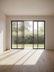 Fototapeta premium Bright interior room featuring sliding glass doors and modern wood floor