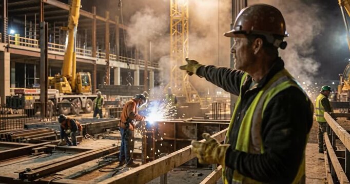 Construction workers at night working on a project with cranes and equipment