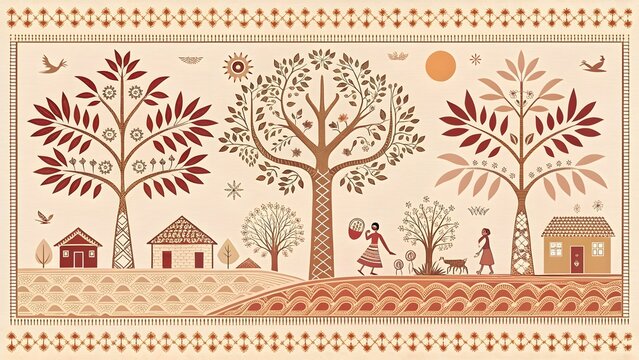 Traditional Nakshi Kantha Embroidery: Folk Art Village Scene with Trees, Houses, and People Walking - Ethnic Craftsmanship