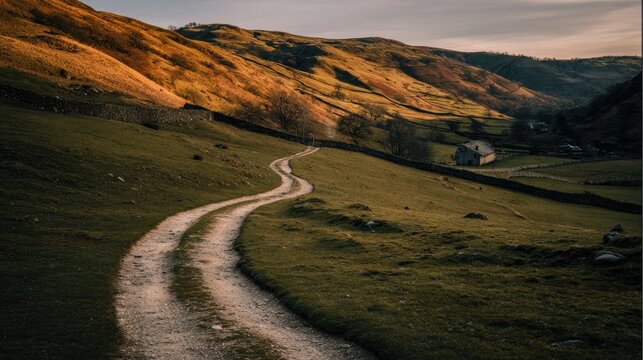 scp. A winding country lane leading to a distant farmhouse at golden hour. travel magazines, destination branding, wall prints, designed for travel destination branding, used by data analysts.