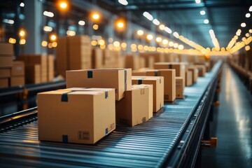 cardboard boxes on a moving conveyor belt in a brightly lit warehouse conveying motion, efficiency and organized logistics