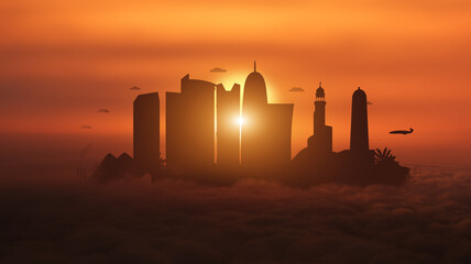 Fototapeta premium A view of Qatar's landmarks at sunset above the clouds . Doha, State of Qatar A panorama of Qatar's capital