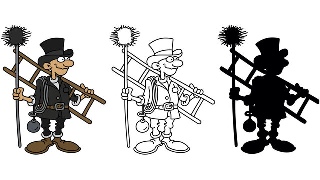 A cartoon chimney sweep in three different formats, color, black and white, and silhouette.