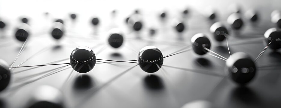 glossy black spheres connected by thin wires forming an elegant interconnected network, sleek and contemplative