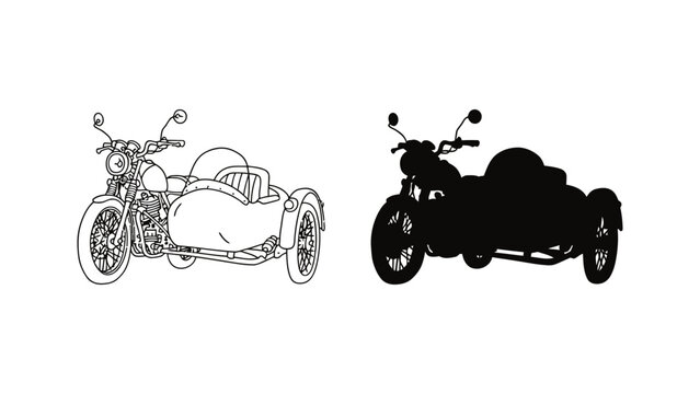 Three different illustrations of a trike motorcycle in various styles and colors