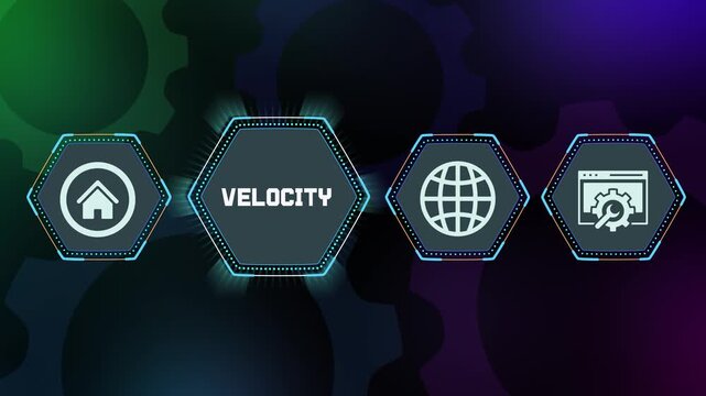 Velocity technology concept with futuristic hexagon interface, speed optimization system, data flow icon and global network design.