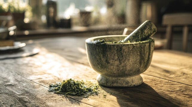 labdanum. A rustic stone mortar and pestle with green herbal paste on a wooden table in a cozy kitchen. menu design, packaging mockups, designed for culinary blogs and recipe cards for restaurants.
