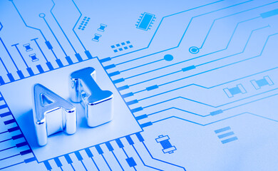 Futuristic AI concept with 3d silver metallic letters on abstract electronic circuit board background. Symbolizing artificial intelligence, machine learning, and digital technology.