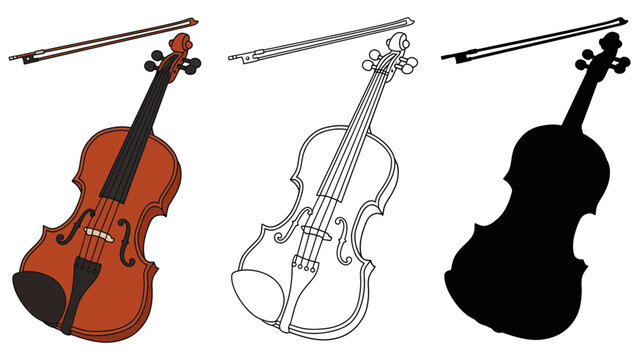 A colorful illustration of violins and bows in different styles and colors