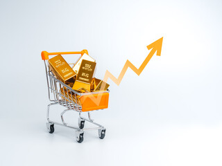 Shopping cart filled with gold bars and rising arrow graphic symbolizes gold price growth, investment opportunity, precious metal trading, and financial market trends. Ideal for economic concepts.