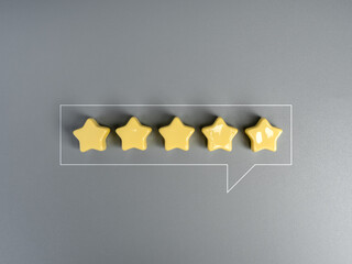 Five yellow stars in a speech bubble on a gray background, representing 5-star rating, customer satisfaction, review feedback, service quality, online evaluation, and positive user experience.