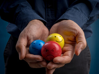 Hands holding colorful emotion balls with happy, neutral, and angry faces, representing mental health awareness, emotional feedback, user experience, psychiatry and psychological wellbeing concept.