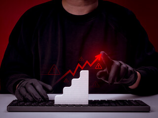 Scammer draw a red growth arrow on digital graph with warning signs, symbolizing the rise of online scams, cyber fraud, phishing attacks, and increasing threats in the digital financial landscape.