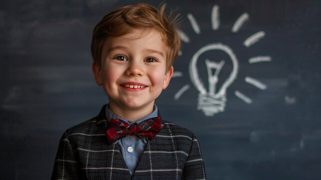 A Boy in Formal Attire with a Light Bulb Beside Him