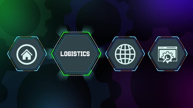 Global logistics and supply chain management concept with futuristic technology icons for transport and distribution network efficiency