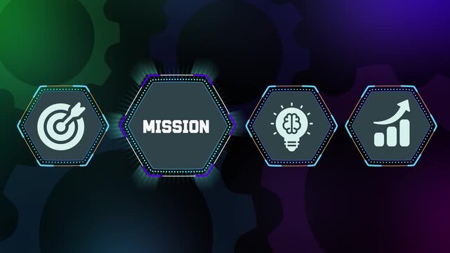 Corporate mission statement and vision concept for business strategy using futuristic hexagon icons for leadership and long term goals.