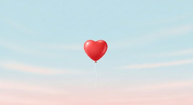 Single red heart balloon floating in sky