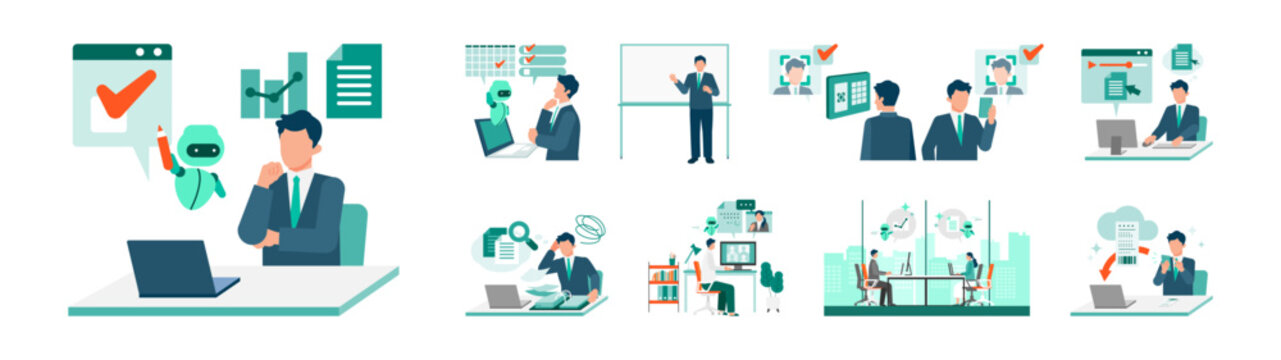 AI driven DX business scene set showing paperless office workflow, automation, document management, data sharing, security, meetings and modern digital transformation in workplace illustration