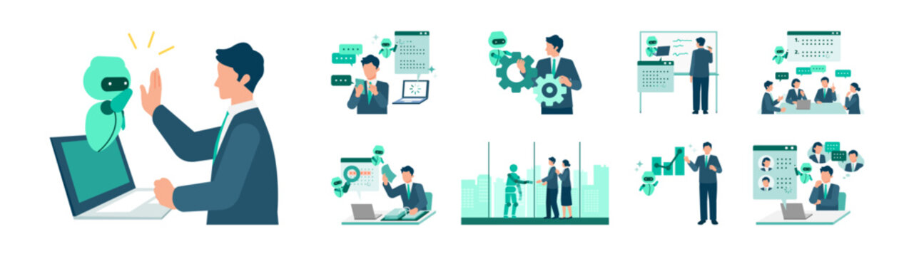 AI powered business scene set illustrating conversation support, office assistance, document creation, data analysis, automation and efficient administrative workflow in modern workplace