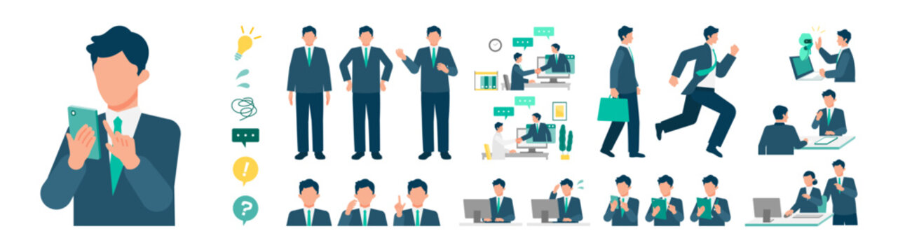 Businessman pose set with AI usage and remote work scenes showing presentation, explanation, thinking, problem solving and daily tasks in modern hybrid working style