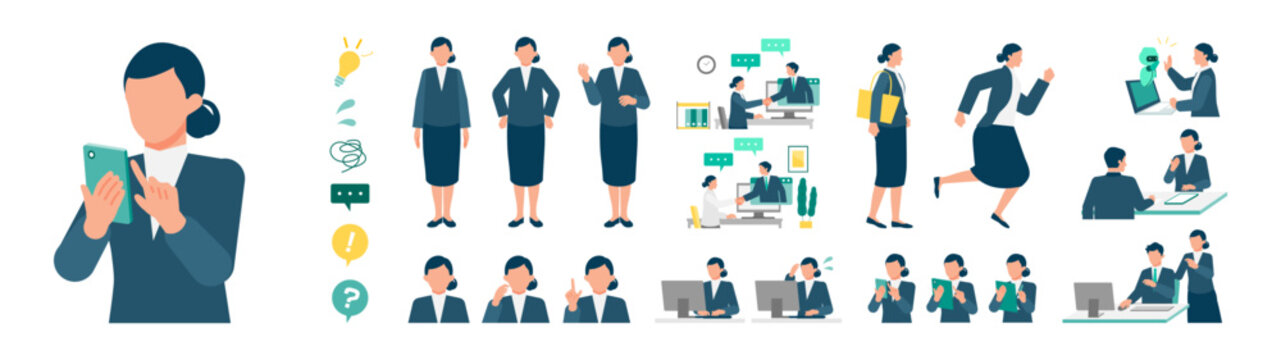 Working woman pose set with AI usage and remote work scenes showing presentation, explanation, communication, problem solving and daily business tasks
