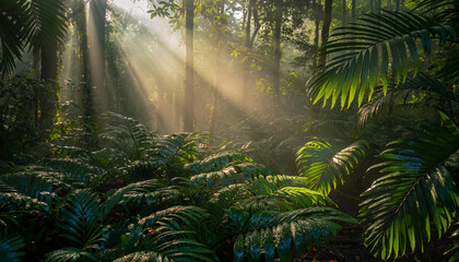 Sunlight beams through lush green jungle foliage.