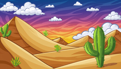 Vibrant Desert Landscape with Cacti and Sand Dunes at Sunset.