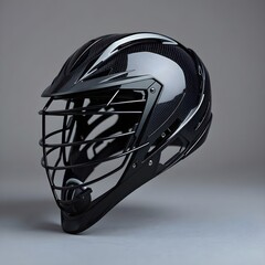 Modern Black Lacrosse Helmet with Glossy Carbon Fiber Texture