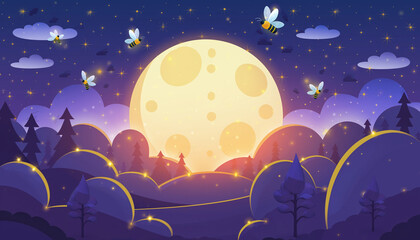 Enchanting Full Moon Night with Fireflies and Forest Landscape.