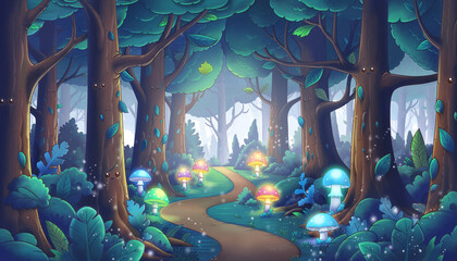Enchanted forest path with glowing mushrooms and magical light.