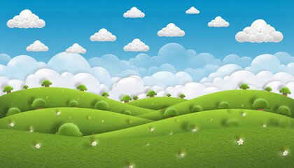 Lush Green Hills with Dew Drops Under a Blue Sky.