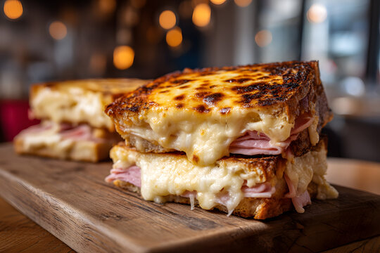 Delicious Croque Monsieur Sandwich with Melted Cheese and Ham on Wooden Serving Board