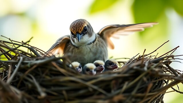 featherless. A mother bird with her wings spread, sheltering her baby birds. wildlife magazines, conservation campaigns, designed for wildlife conservation campaigns, used by presentation designers.