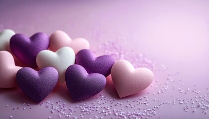 Fototapeta premium cluster of assorted pink, white, and purple heart shapes on a soft pink surface with scattered granular sprinkles, evoking a delicate and loving atmosphere
